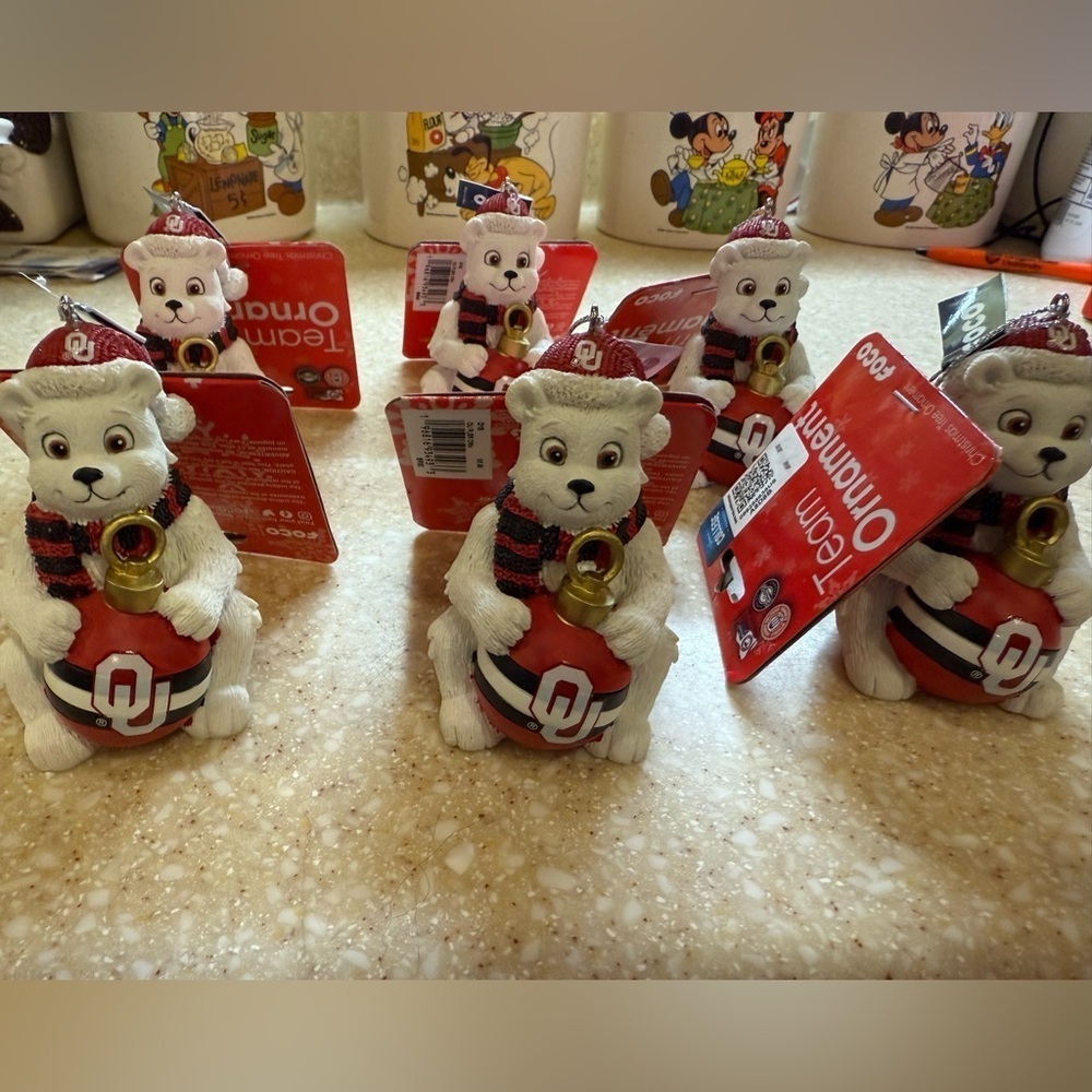 Set of 6 OKLAHOMA UNIVERSITY Christmas Bear Ornaments NEW with Tags